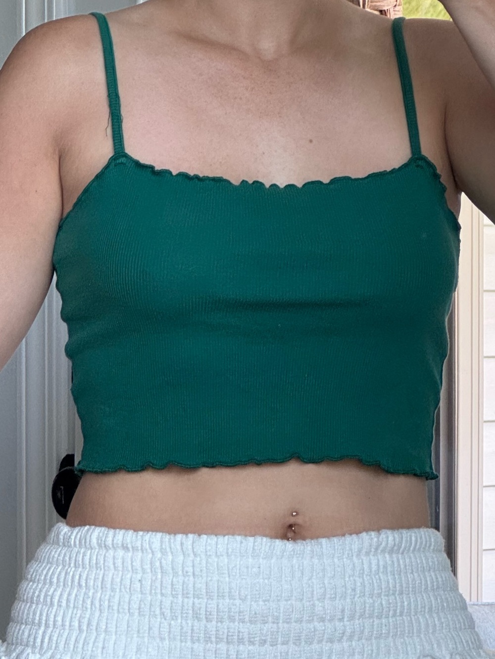 Masters Green Ribbed Ruffle Lettuce-Edge Spaghetti Strap Crop Top